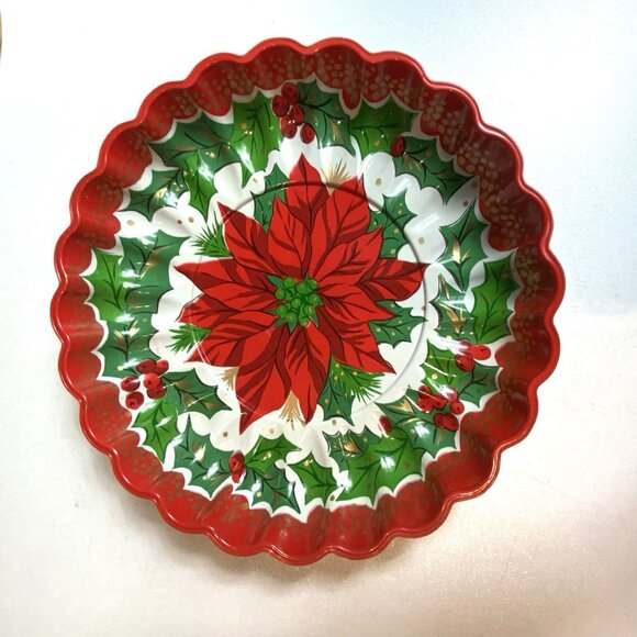 Vtg Christmas Molded Plastic Bowls Santa Poinsettia Candles Scalloped Set of 3 - Picture 2 of 7